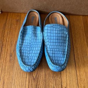 BORN leather blue croc mules size 10